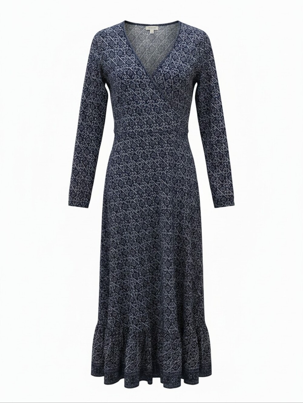 Max Studio Long Sleeve V-Neck Navy Patterned Wrap Dress